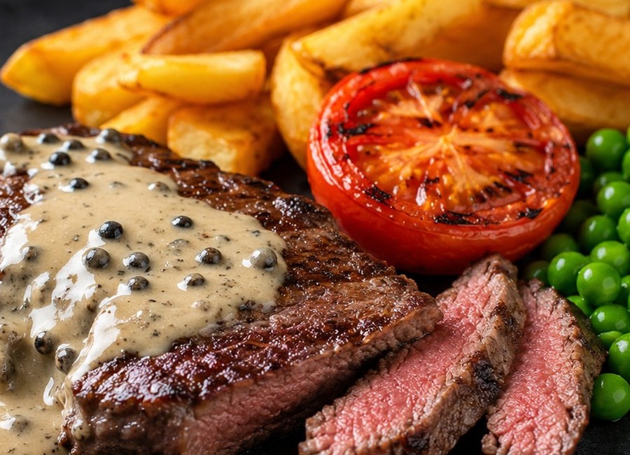 Sirloin steak with peppercorn sauce, chunky chips, peas and grilled tomato