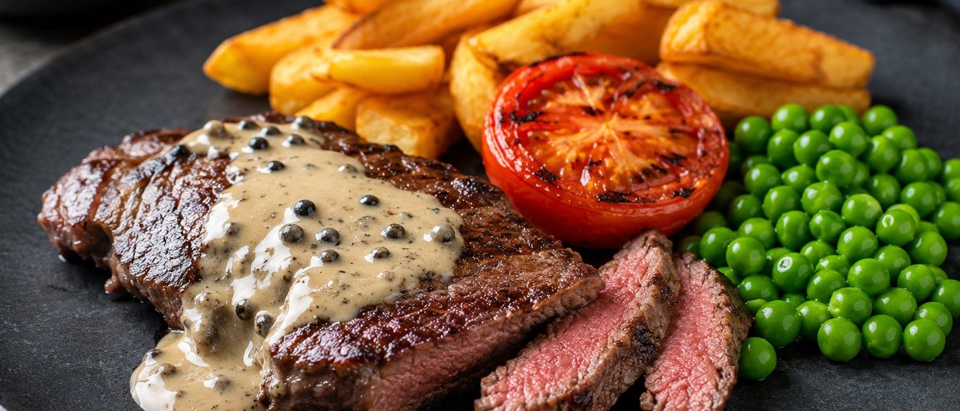 Sirloin steak with peppercorn sauce, chunky chips, peas and grilled tomato