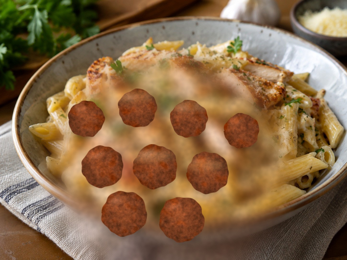 Cheesy meatball pasta bake with tomato sauce and melted cheese