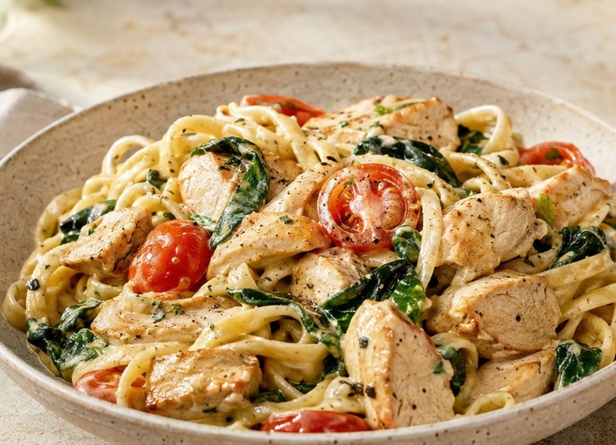 Creamy garlic chicken pasta with spinach and cherry tomatoes in a bowl