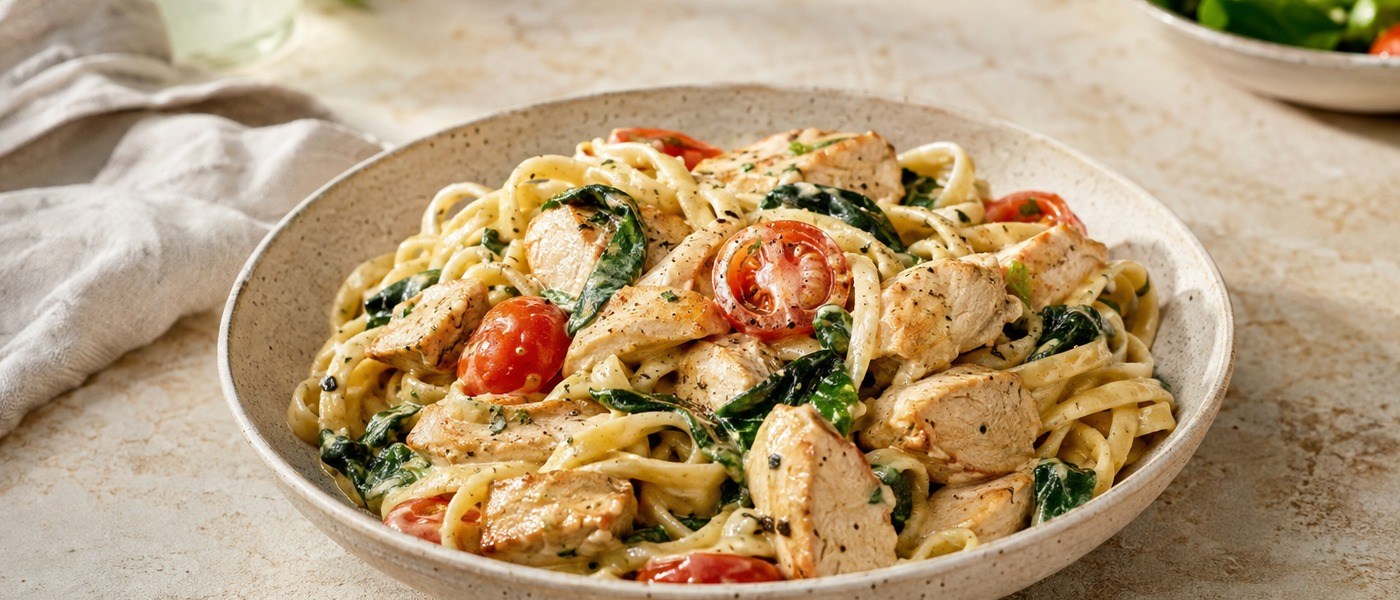 Creamy garlic chicken pasta with spinach and cherry tomatoes in a bowl