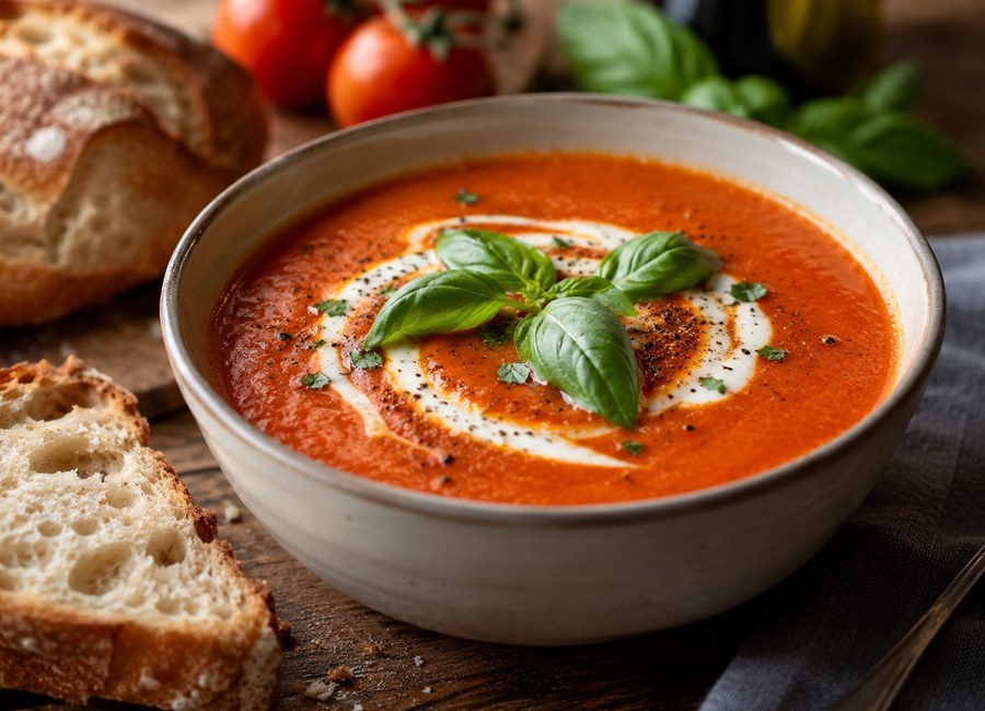 Bowl of creamy tomato and basil soup with bread