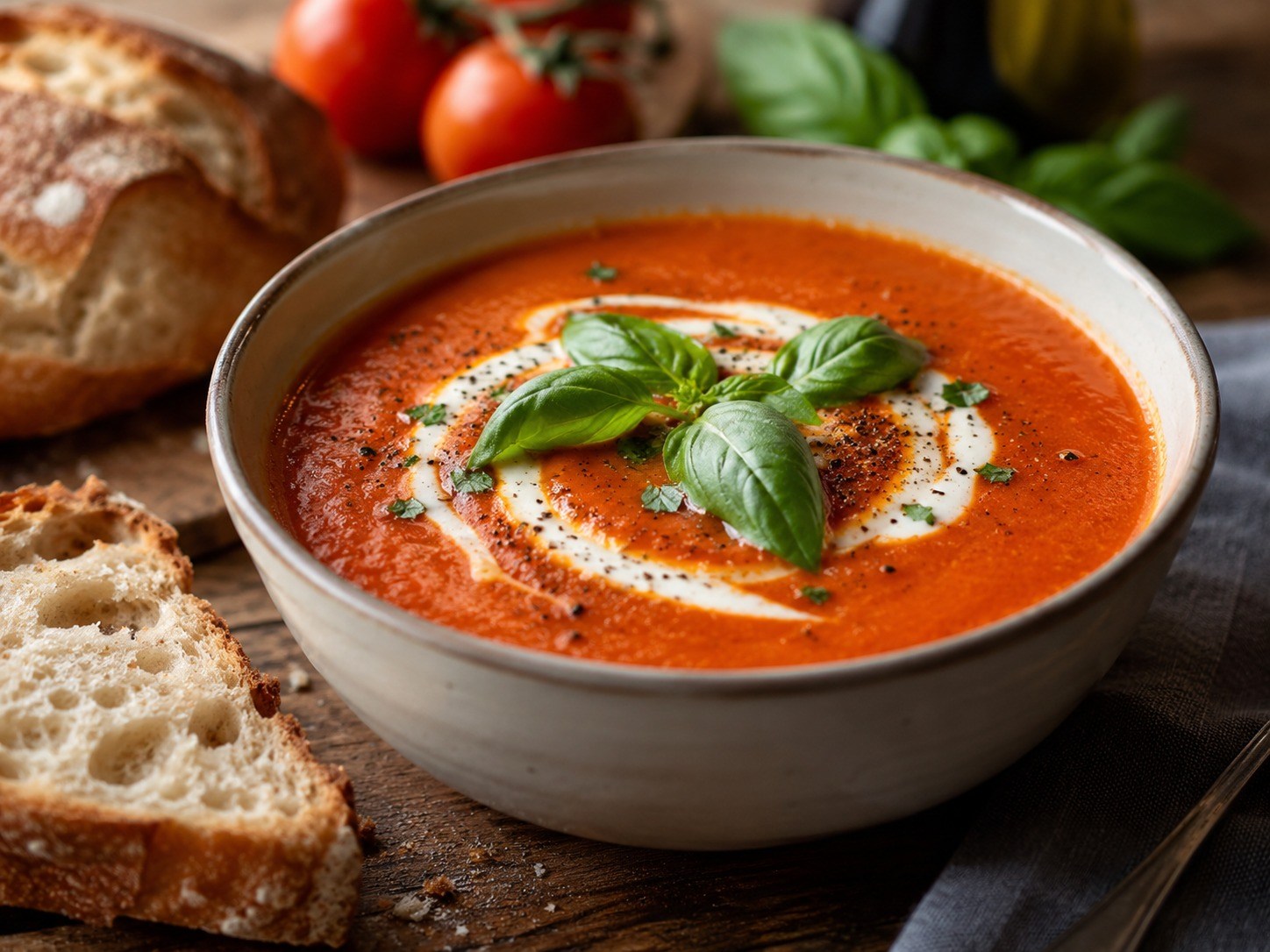Bowl of creamy tomato and basil soup with bread