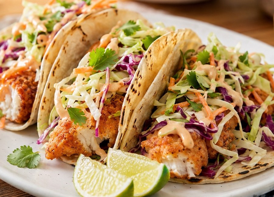 Crispy fish tacos with colourful slaw, lime wedges and creamy sauce