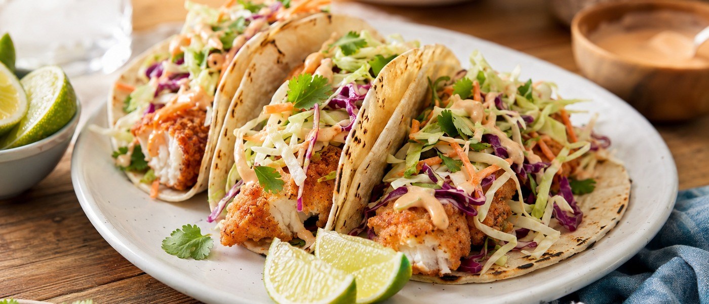 Crispy fish tacos with colourful slaw, lime wedges and creamy sauce