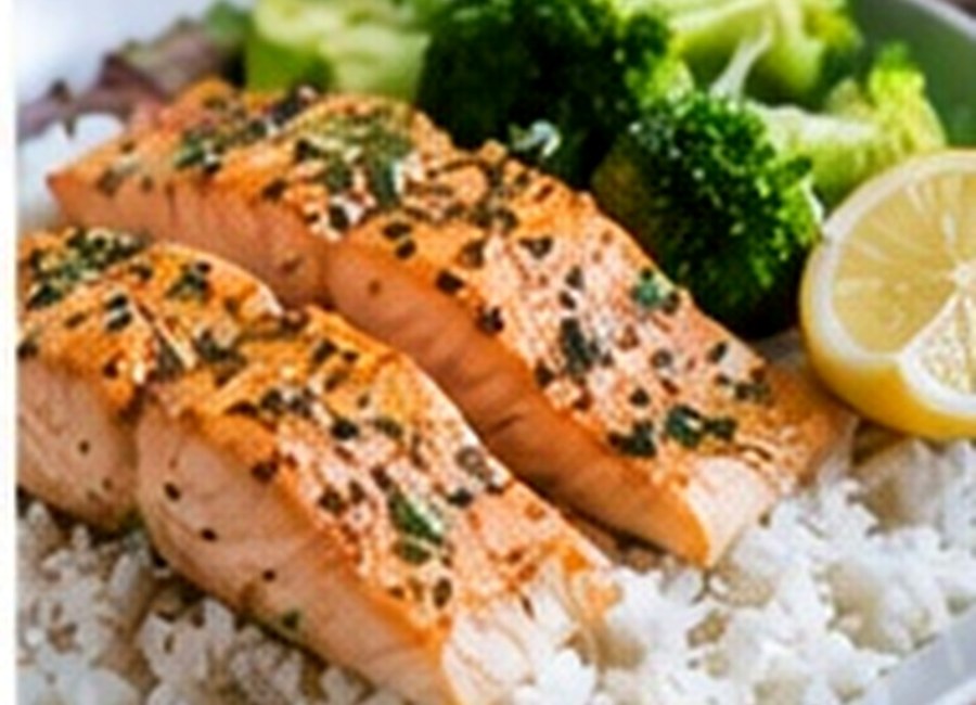 Garlic butter salmon fillets with rice and broccoli