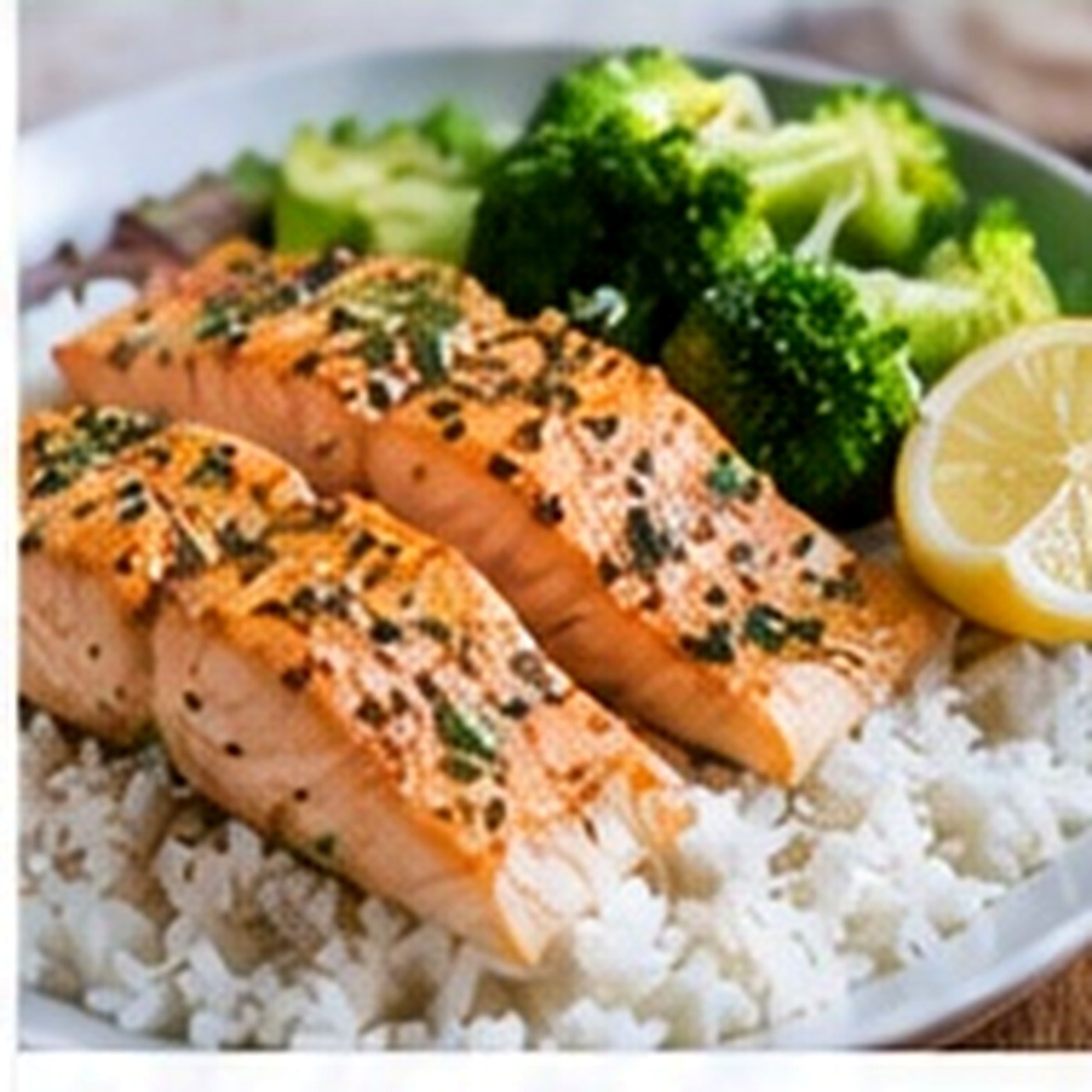 Garlic butter salmon fillets with rice and broccoli
