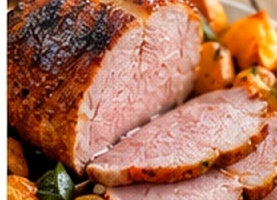 Glazed sliced ham joint with roast potatoes and vegetables