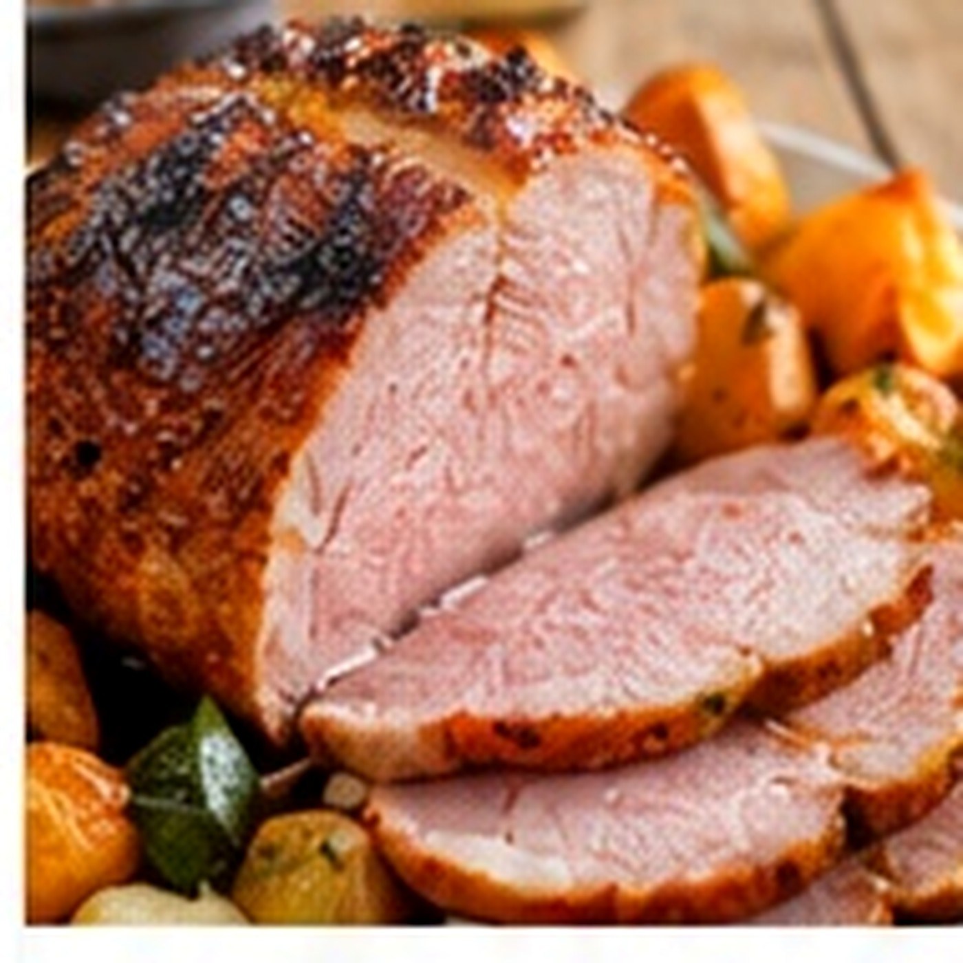 Glazed sliced ham joint with roast potatoes and vegetables