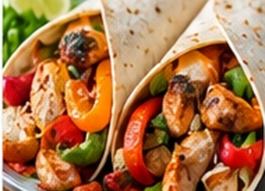 Chicken fajitas with peppers and onions in soft tortillas