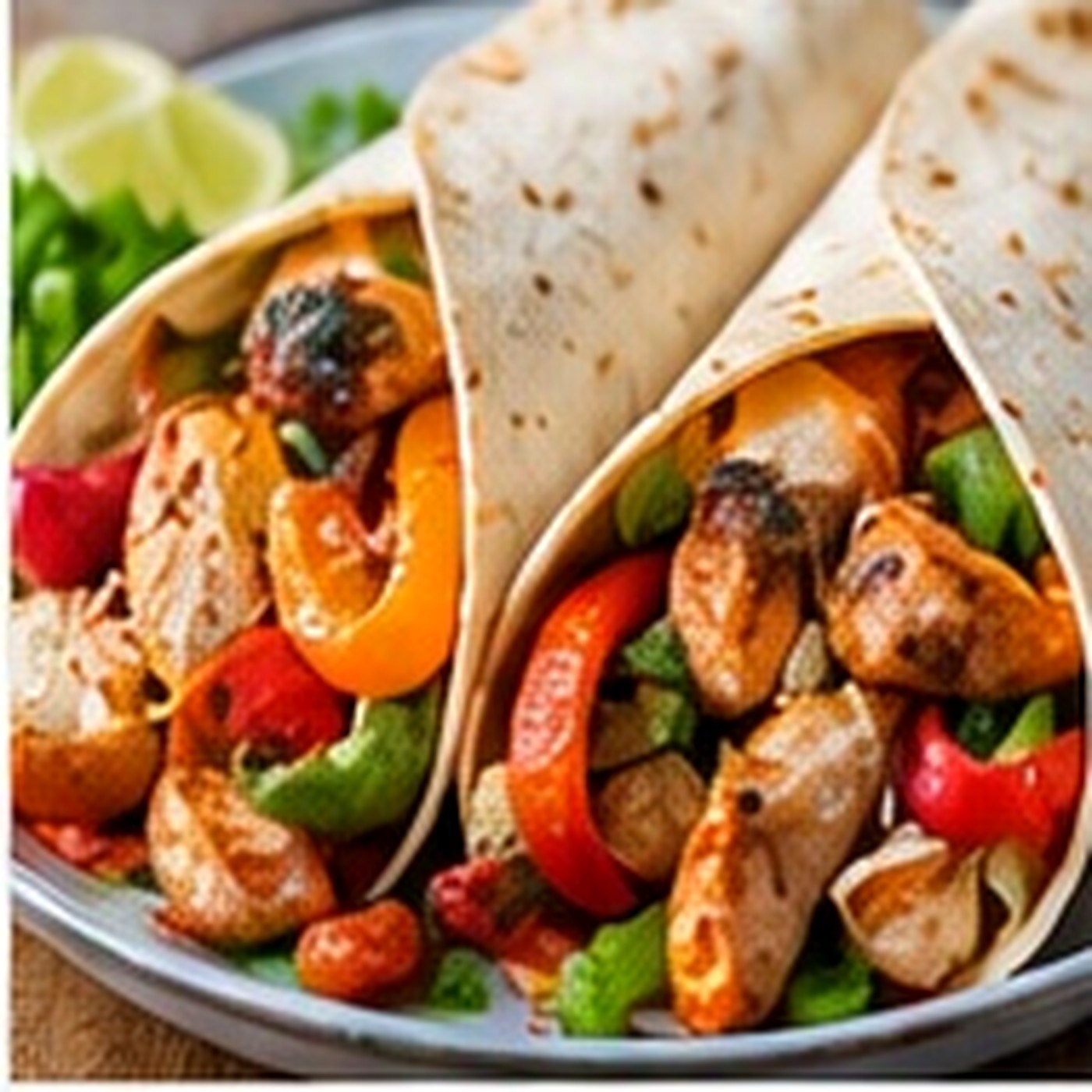 Chicken fajitas with peppers and onions in soft tortillas