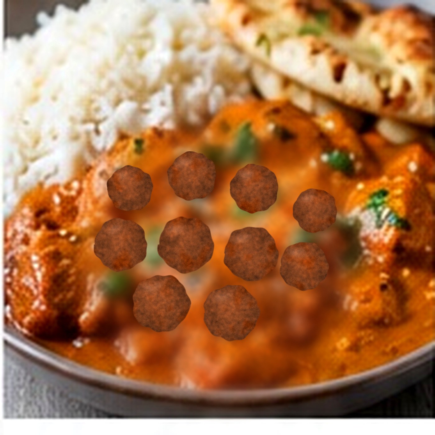 Mild creamy meatball curry with basmati rice and naan bread