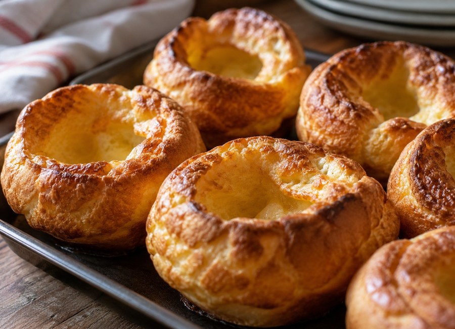 Golden Yorkshire puddings fresh from the oven