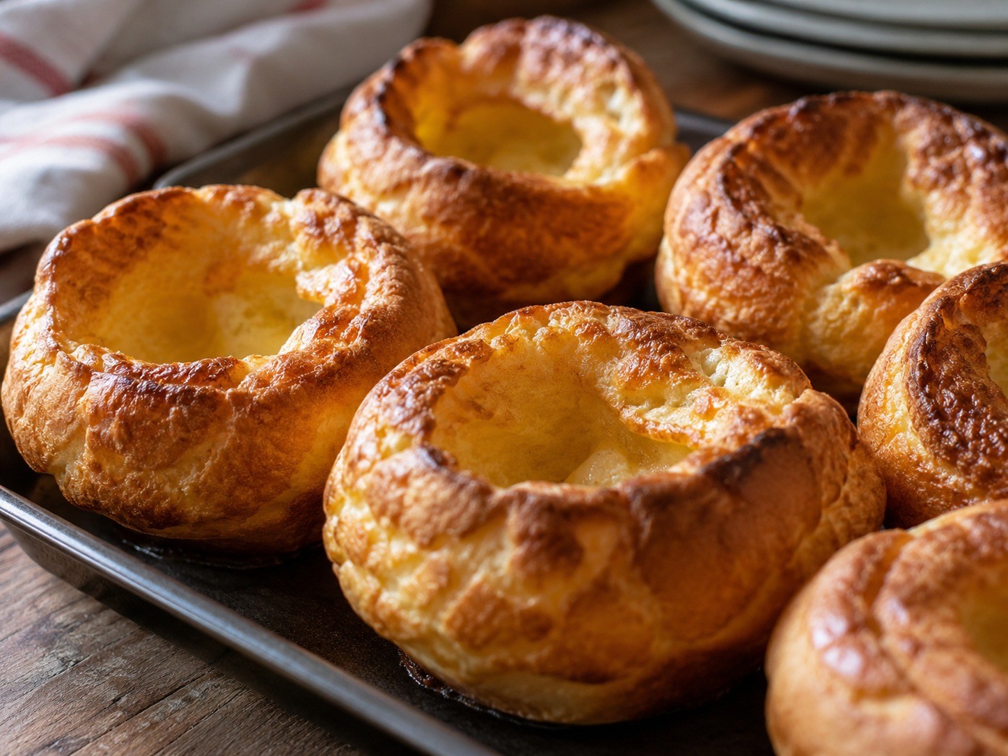 Golden Yorkshire puddings fresh from the oven