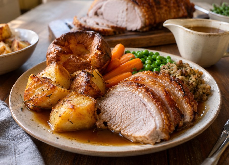 Roast pork loin with crackling served with potatoes and vegetables