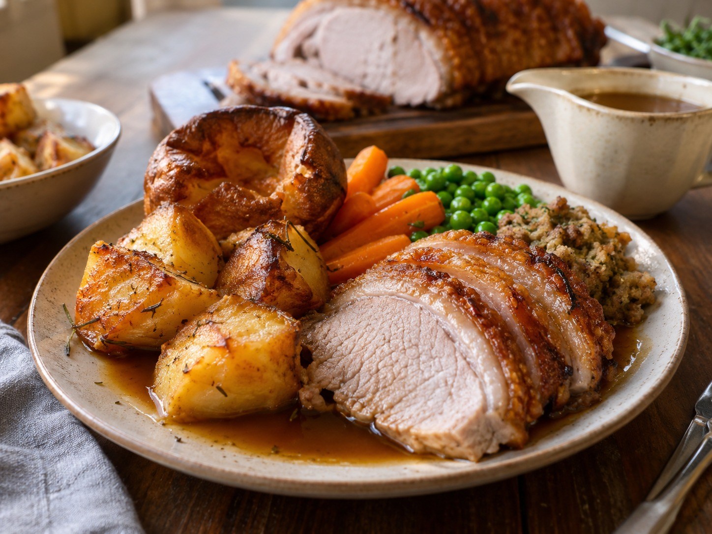 Roast pork loin with crackling served with potatoes and vegetables