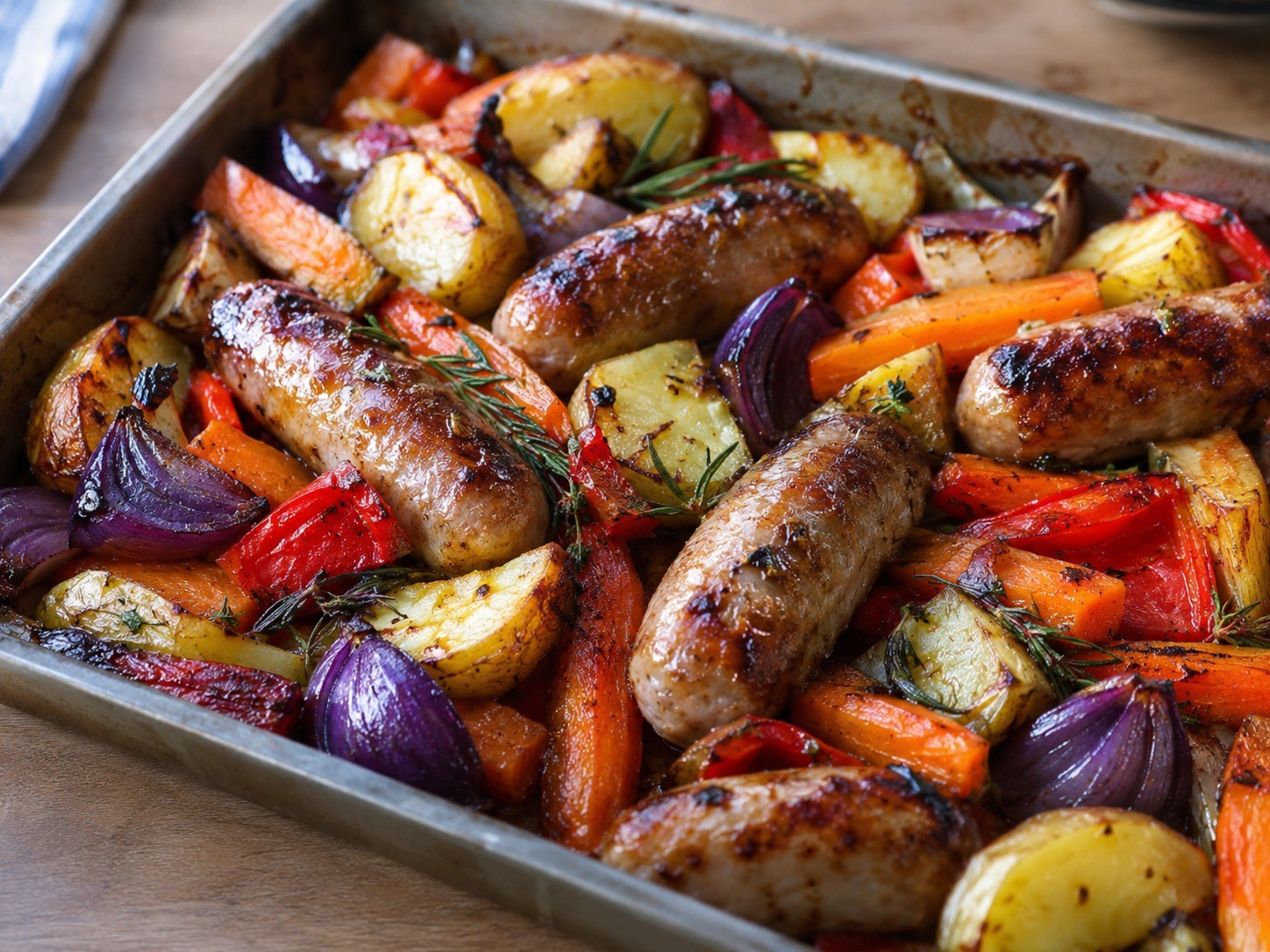 Roasted sausages with potatoes and vegetables in a traybake