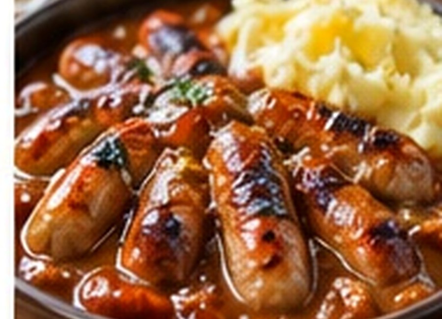 Sausages in onion gravy with mashed potato and peas