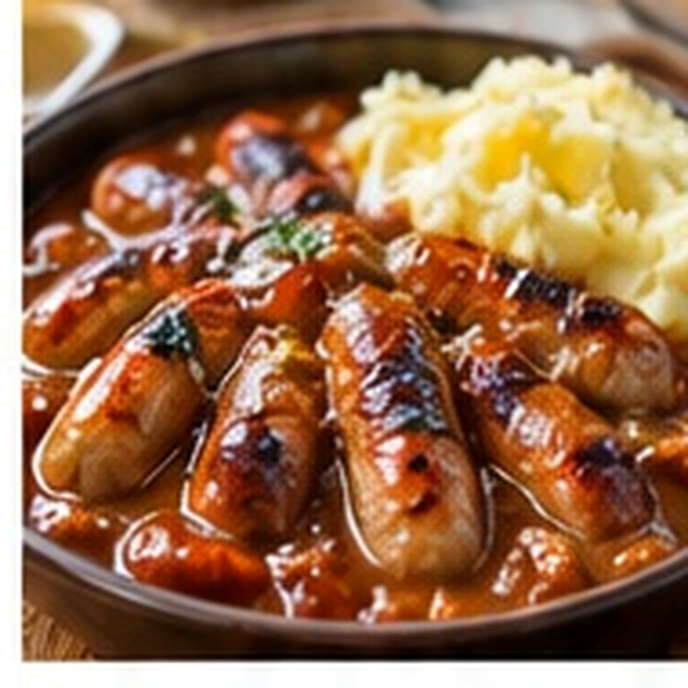 Sausages in onion gravy with mashed potato and peas