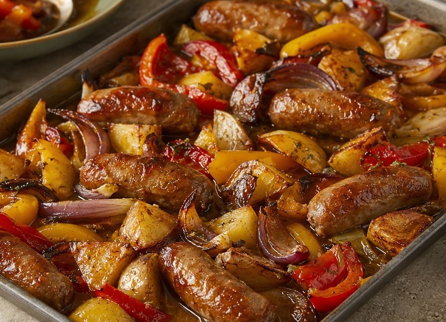 Roasted sausages, potatoes, peppers and red onions in a large tray