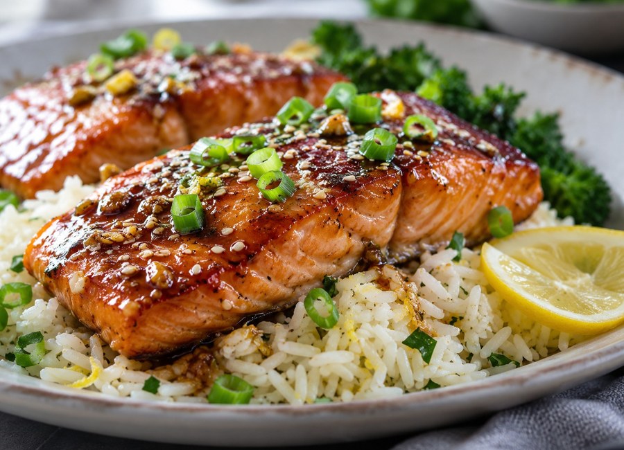 Glazed salmon fillets served with lemon rice