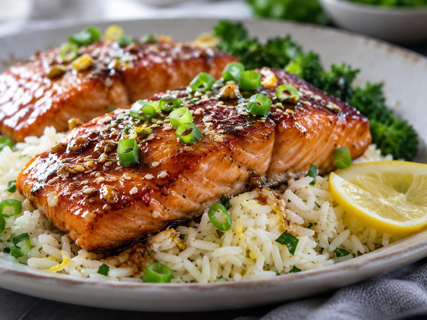 Glazed salmon fillets served with lemon rice
