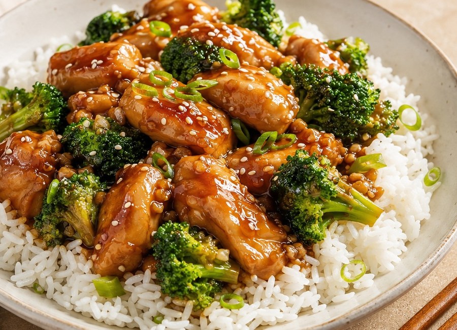 Sticky honey garlic chicken with broccoli served over white rice