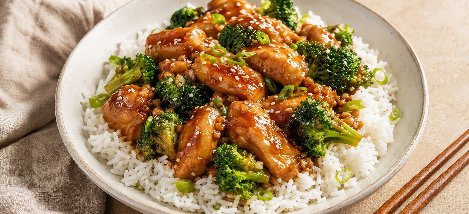 Sticky honey garlic chicken with broccoli served over white rice