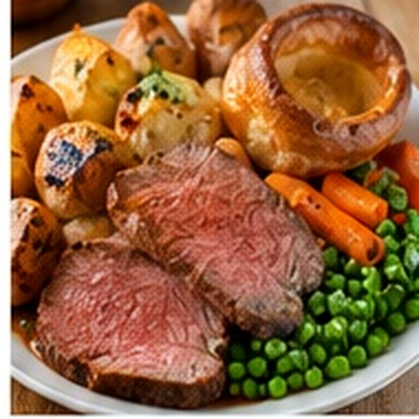 Roast beef with roast potatoes, Yorkshire pudding, carrots and peas