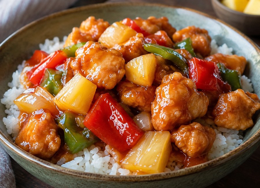 Sweet and sour chicken with peppers and pineapple over rice