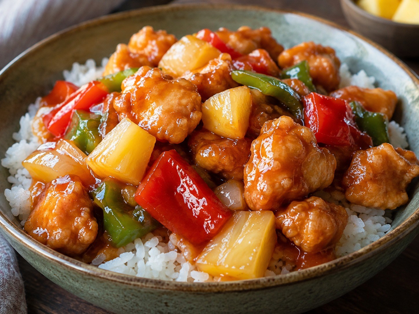 Sweet and sour chicken with peppers and pineapple over rice