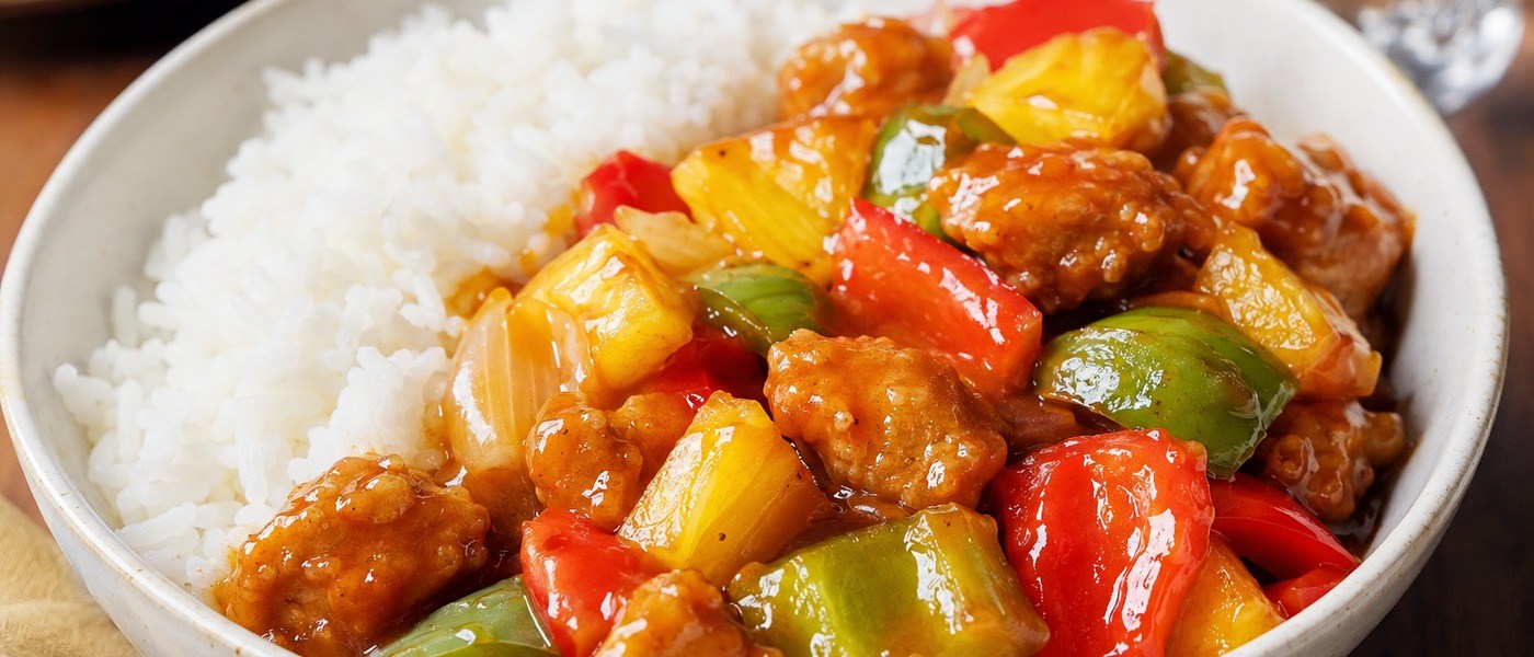 Sweet and sour chicken with peppers and pineapple served beside white rice