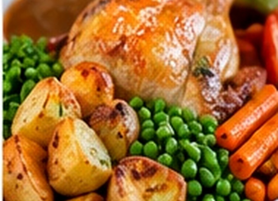 Roast chicken with potatoes, carrots and peas