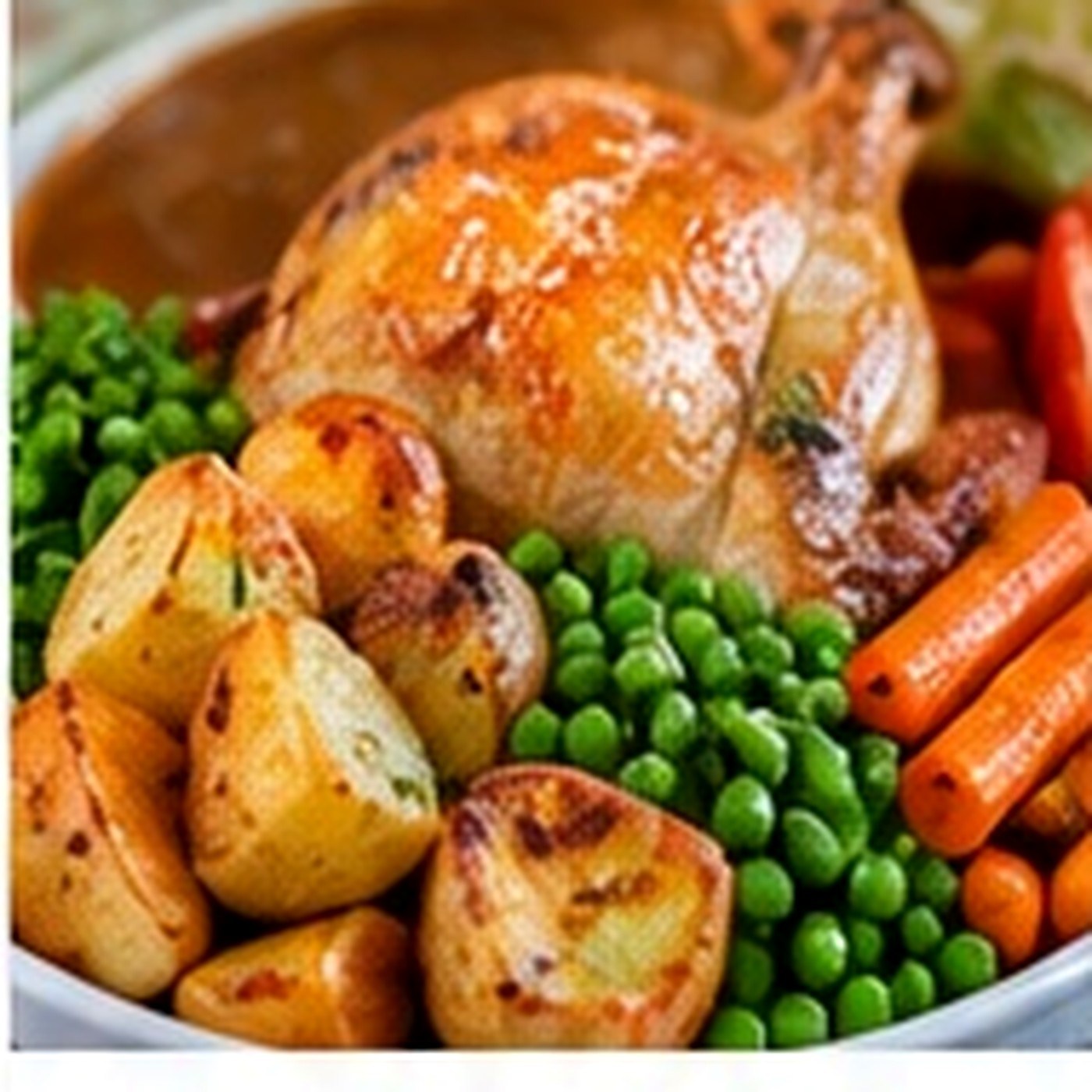 Roast chicken with potatoes, carrots and peas