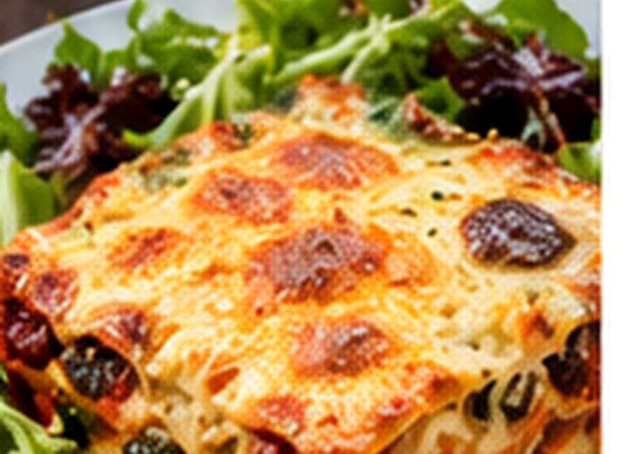 Vegetable lasagne with a golden cheese topping and salad